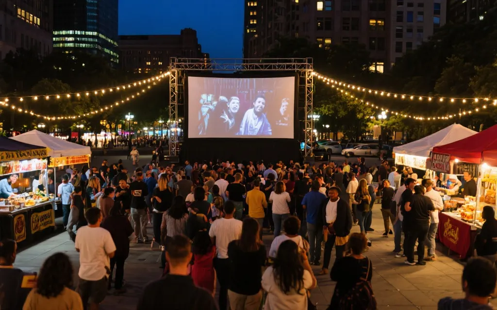 北美城市的公共观赛区与美食摊位，夜晚灯串与人群形成温暖氛围