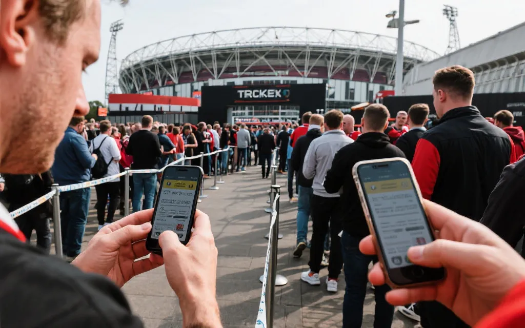 球迷手持手机使用数字票务与导航，背景为球场入口与人群分流